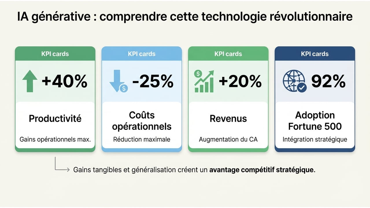 Tableau de bord présentant les gains de productivité, réductions de coûts et taux d'adoption de l'IA générative.