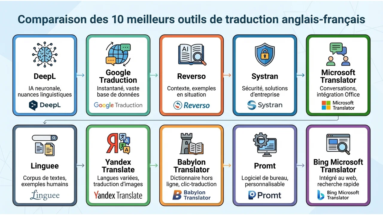 Tableau récapitulatif classant les 10 outils selon leurs points forts : précision IA, contexte, usage mobile ou sécurité des données.