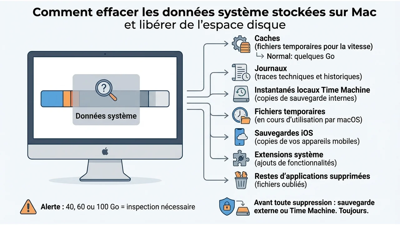 Infographie montrant la répartition des données système : caches d'applications, fichiers journaux, instantanés Time Machine et sauvegardes mobiles.
