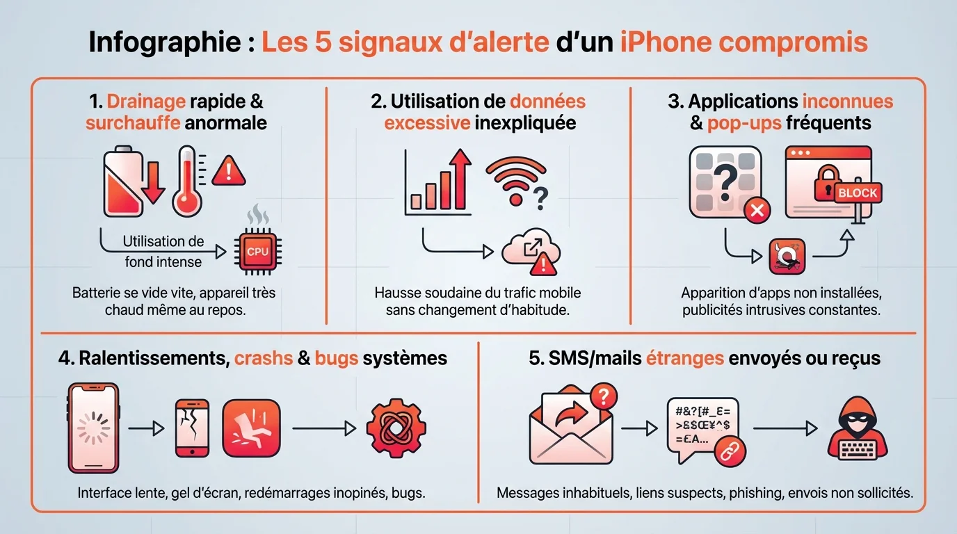Infographie : Les 5 signaux d'alerte d'un iPhone compromis