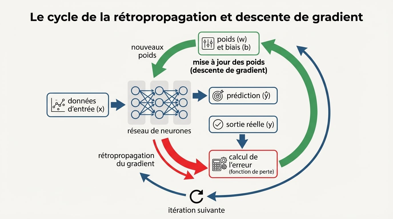 Le cycle de la rétropropagation et descente de gradient