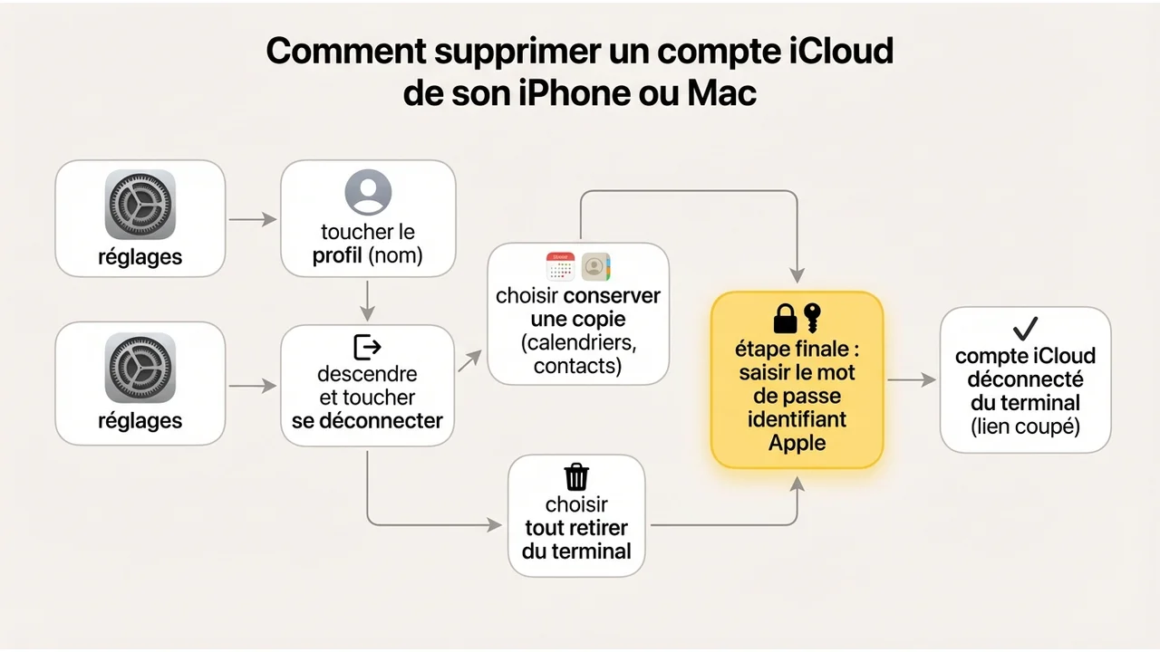 Schéma séquentiel montrant le chemin : Réglages, clic sur le Nom, défilement vers le bas et bouton de déconnexion.