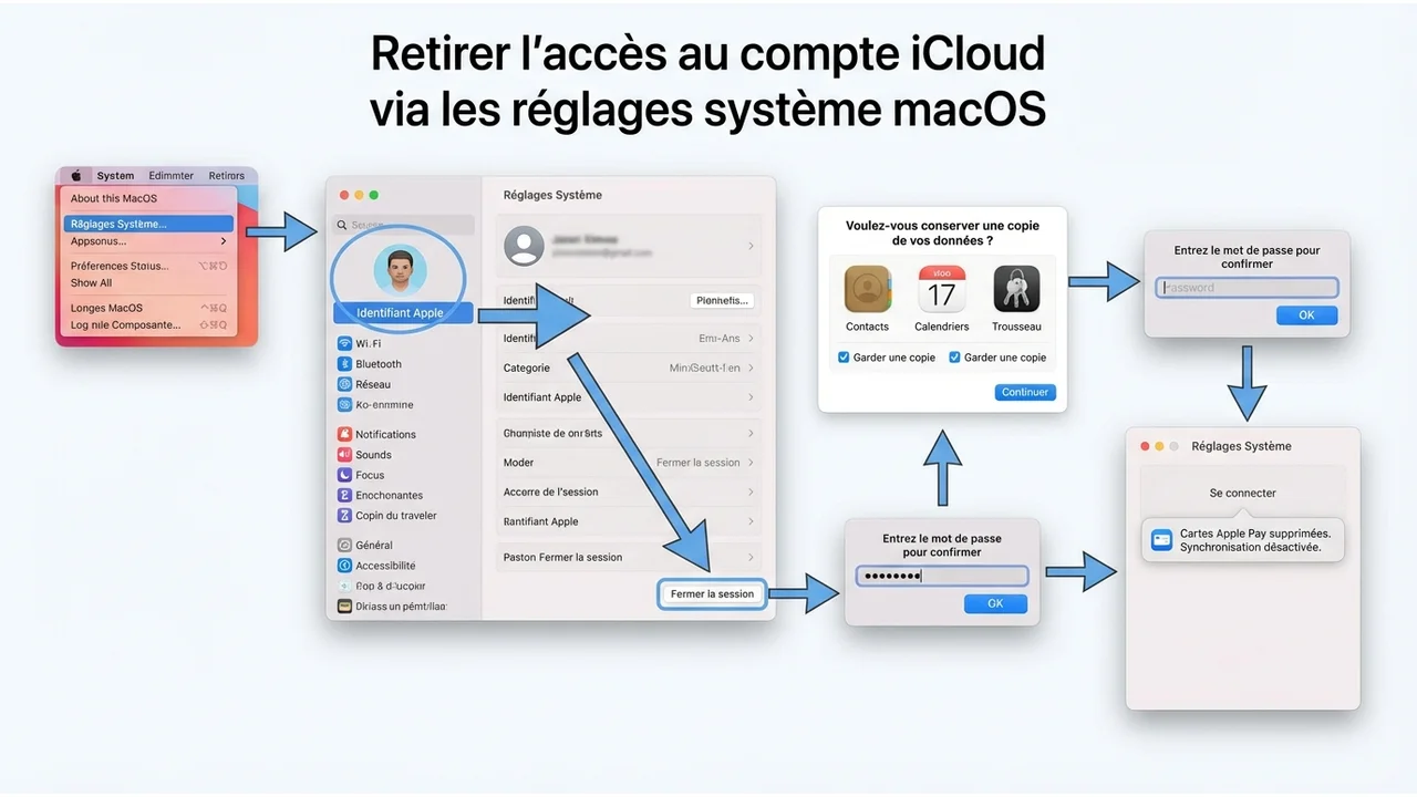 Diagramme montrant la navigation dans les Réglages Système de macOS pour accéder à la déconnexion de l'identifiant Apple.