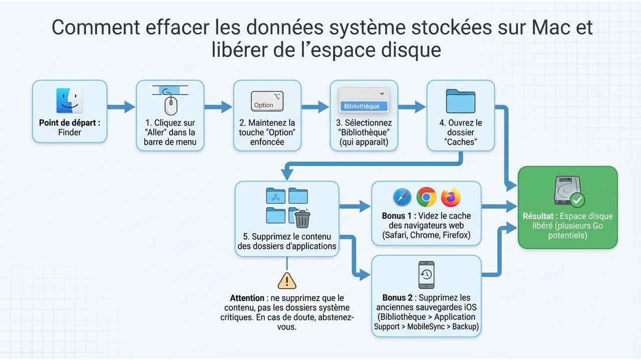 Schéma de navigation Finder montrant l'utilisation de la touche Option pour faire apparaître la Bibliothèque cachée.