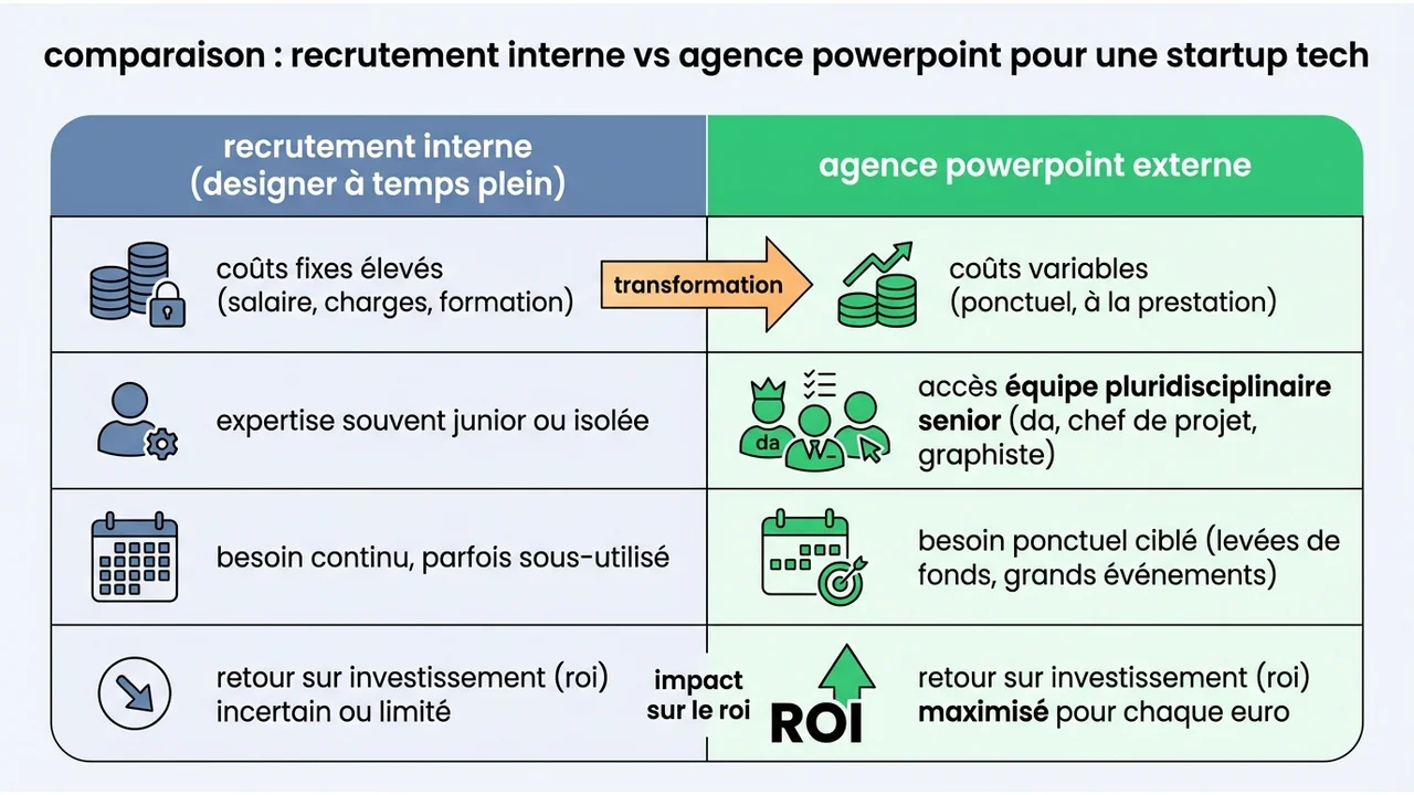 Tableau comparatif des coûts et de la flexibilité entre une équipe interne et l'externalisation en agence.