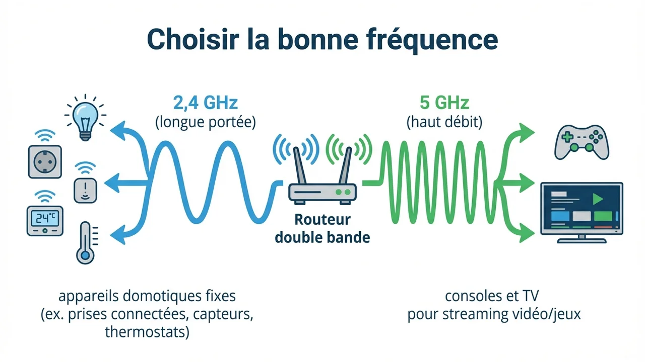 Infographie montrant que le 2,4 GHz traverse mieux les murs pour les capteurs lointains tandis que le 5 GHz offre plus de débit à courte portée.