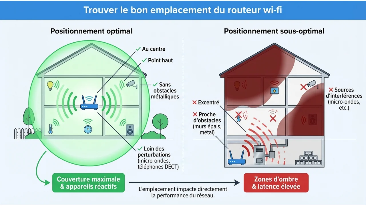 Schéma d'un logement montrant la diffusion sphérique du Wi-Fi depuis un routeur placé au centre et en hauteur par rapport à un placement dans un coin.