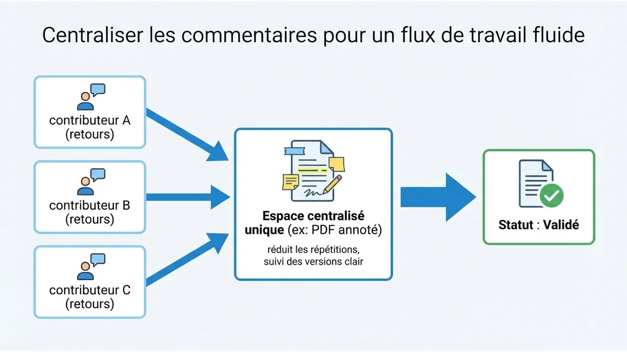 Diagramme de flux montrant le passage d'un document de l'édition aux commentaires centralisés, puis à la validation finale.