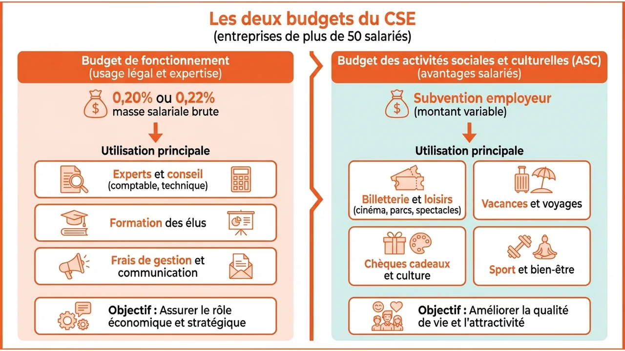 Tableau comparatif illustrant la répartition entre la subvention de fonctionnement (0,20% ou 0,22%) et le budget des Activités Sociales et Culturelles (ASC).