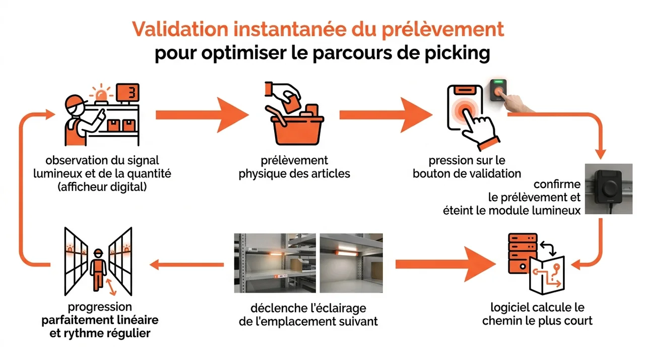 Schéma cyclique illustrant les 4 étapes : allumage du voyant LED, lecture de la quantité sur l'afficheur, prélèvement de l'article et validation par bouton.