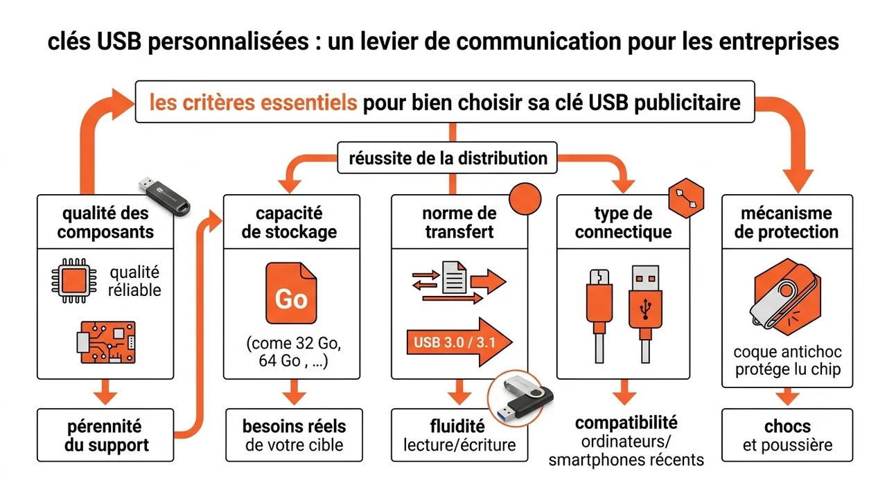 Schéma technique détaillant les composants essentiels : capacité, norme de transfert, connectique et mécanisme de protection.