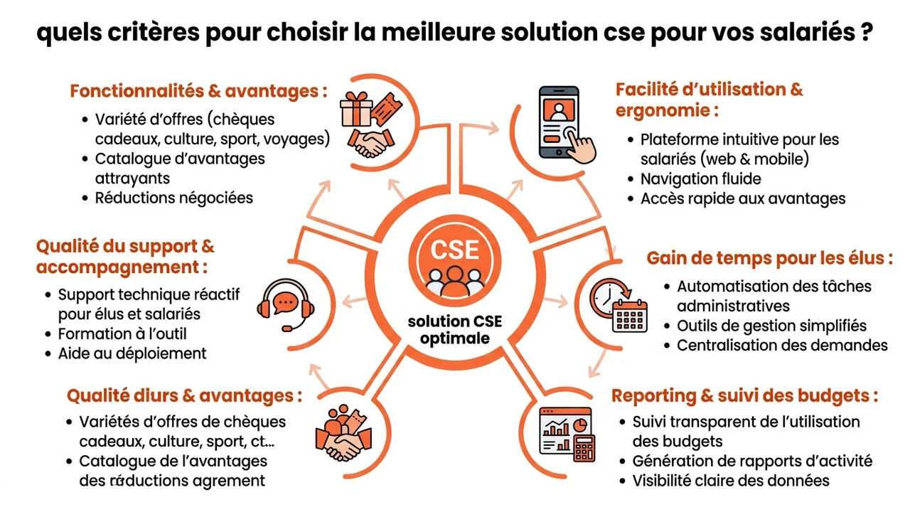 Diagramme en étoile présentant les cinq critères fondamentaux : Ergonomie, Catalogue, Budget, Sécurité et Support.