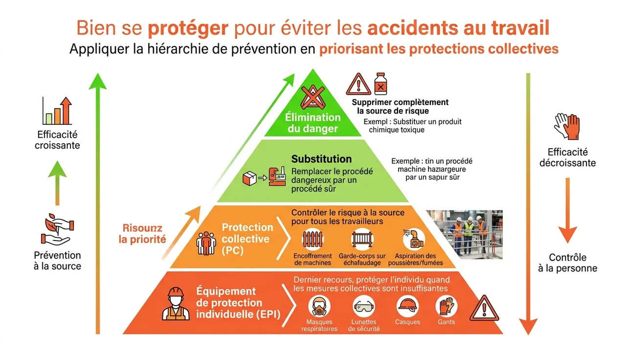 Diagramme en pyramide inversée montrant la priorité des mesures : élimination du danger, protection collective, puis protection individuelle (EPI).