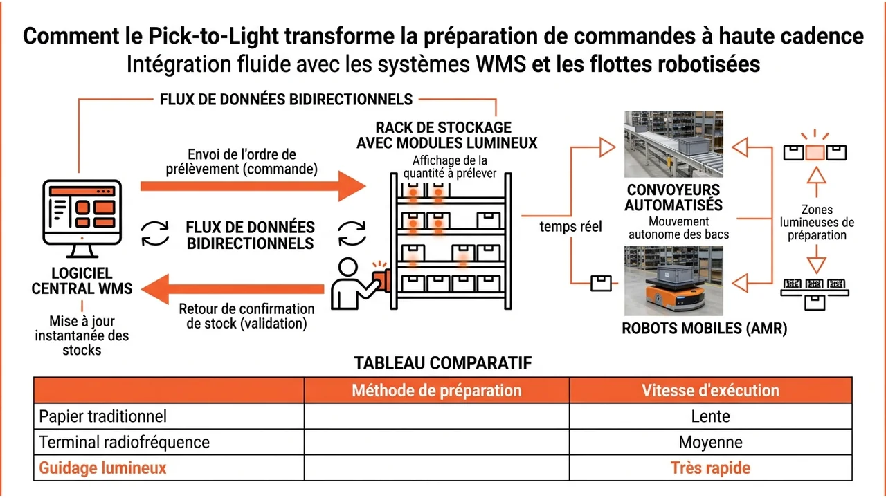 Diagramme montrant la synchronisation des données entre le logiciel de gestion d'entrepôt (WMS), le serveur central et les modules lumineux installés sur les racks.
