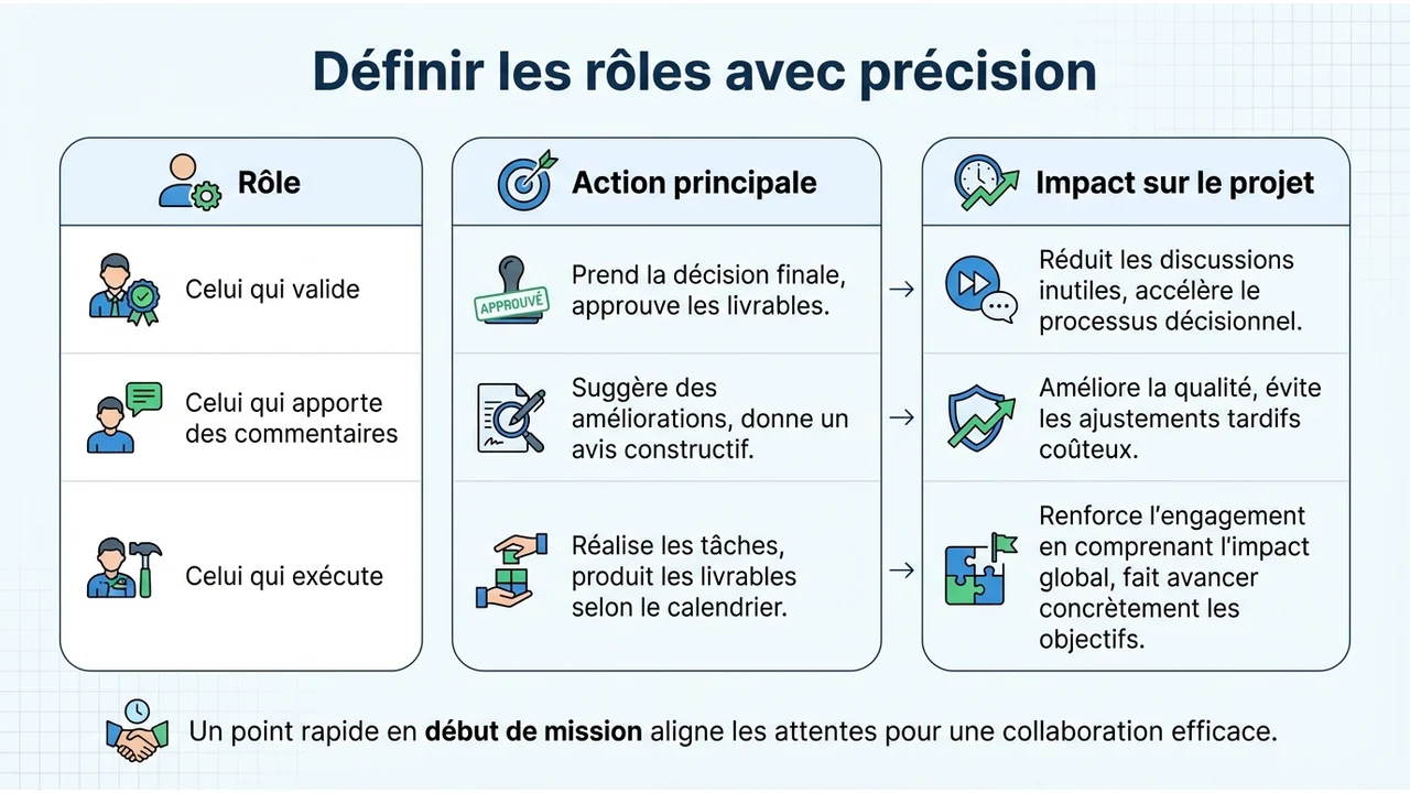 Tableau listant les rôles types dans un projet : Exécuteur, Référent, Validateur et Contributeur.