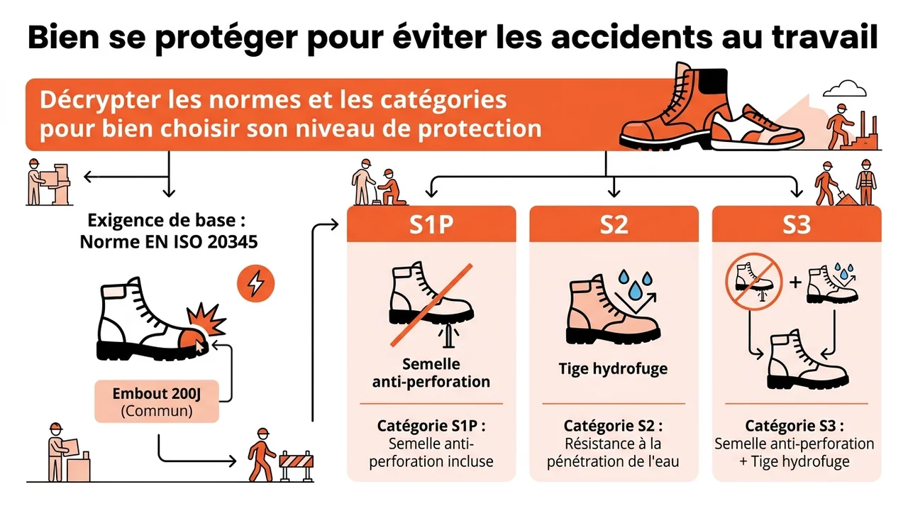Tableau visuel comparant les caractéristiques des chaussures de sécurité selon la norme EN ISO 20345 : résistance aux chocs, perforation et étanchéité.