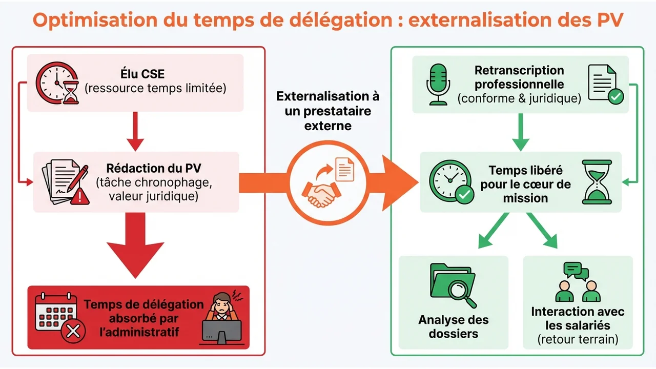 Diagramme de flux comparant la rédaction interne chronophage du PV par le secrétaire et la solution d'externalisation pour libérer du temps de délégation.