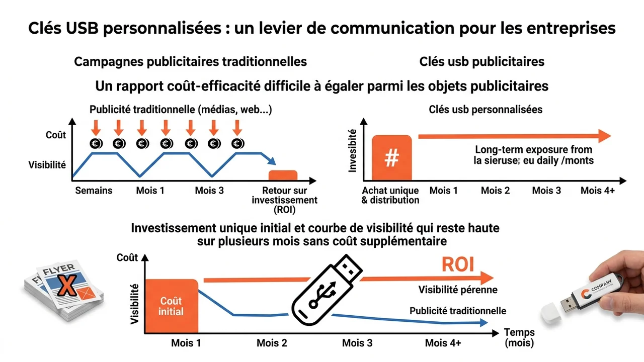 Infographie illustrant le coût par impression qui diminue à chaque utilisation de la clé USB au fil du temps.