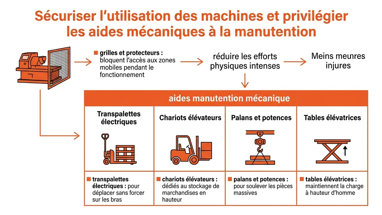 Illustration des quatre principaux outils de manutention : transpalette, chariot élévateur, palan et table élévatrice.