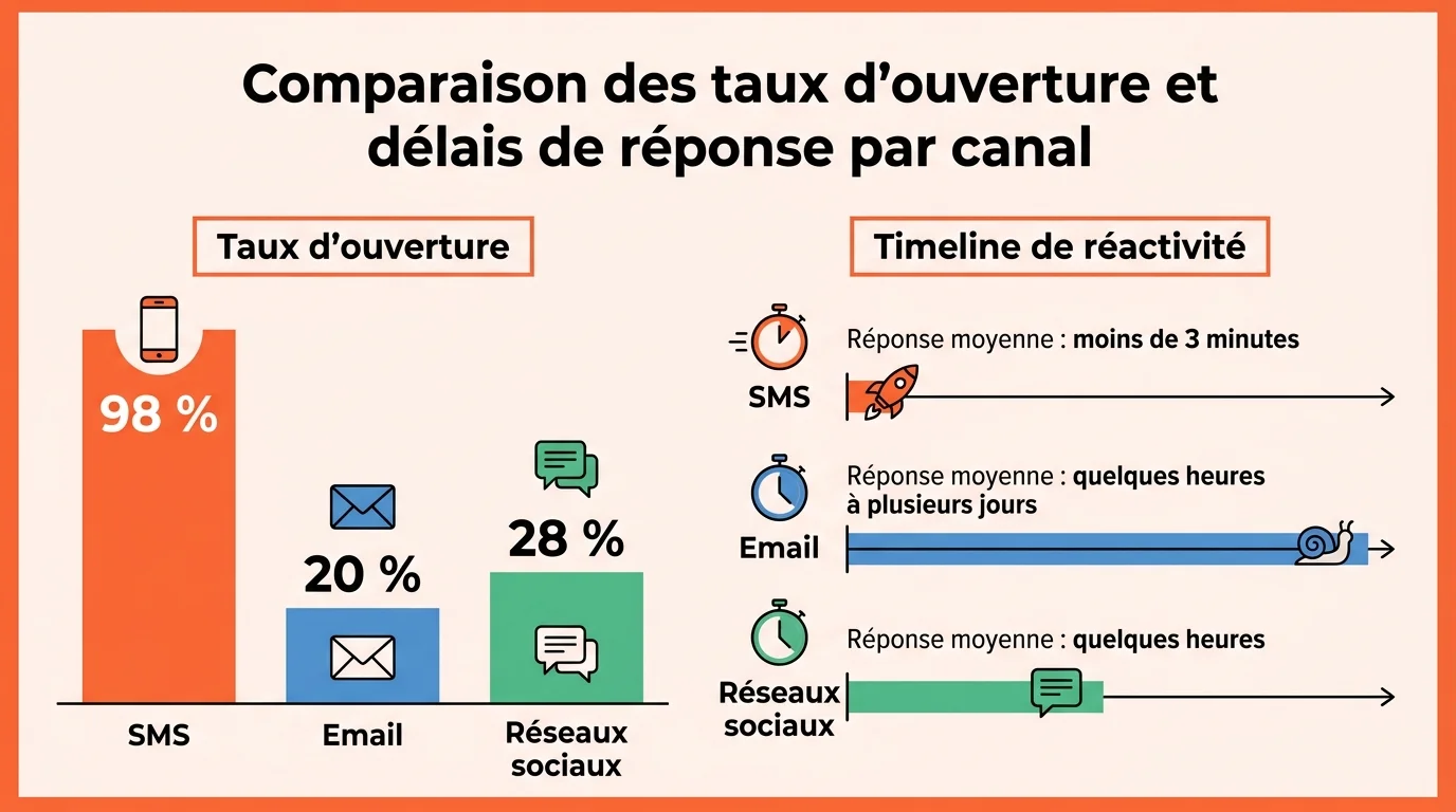 Comparaison des taux d'ouverture et délais de réponse par canal