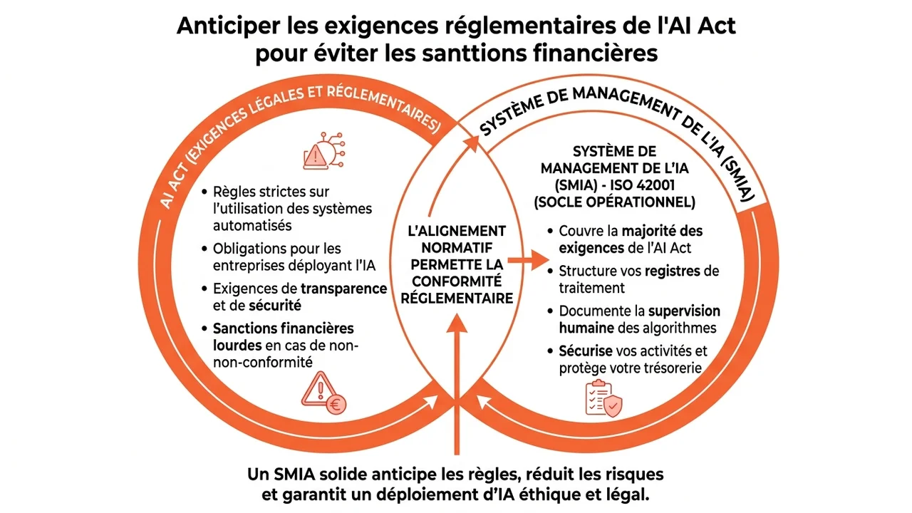 Schéma montrant l'imbrication du Système de Management de l'IA avec les piliers de l'AI Act : documentation technique, gestion des risques et supervision humaine.