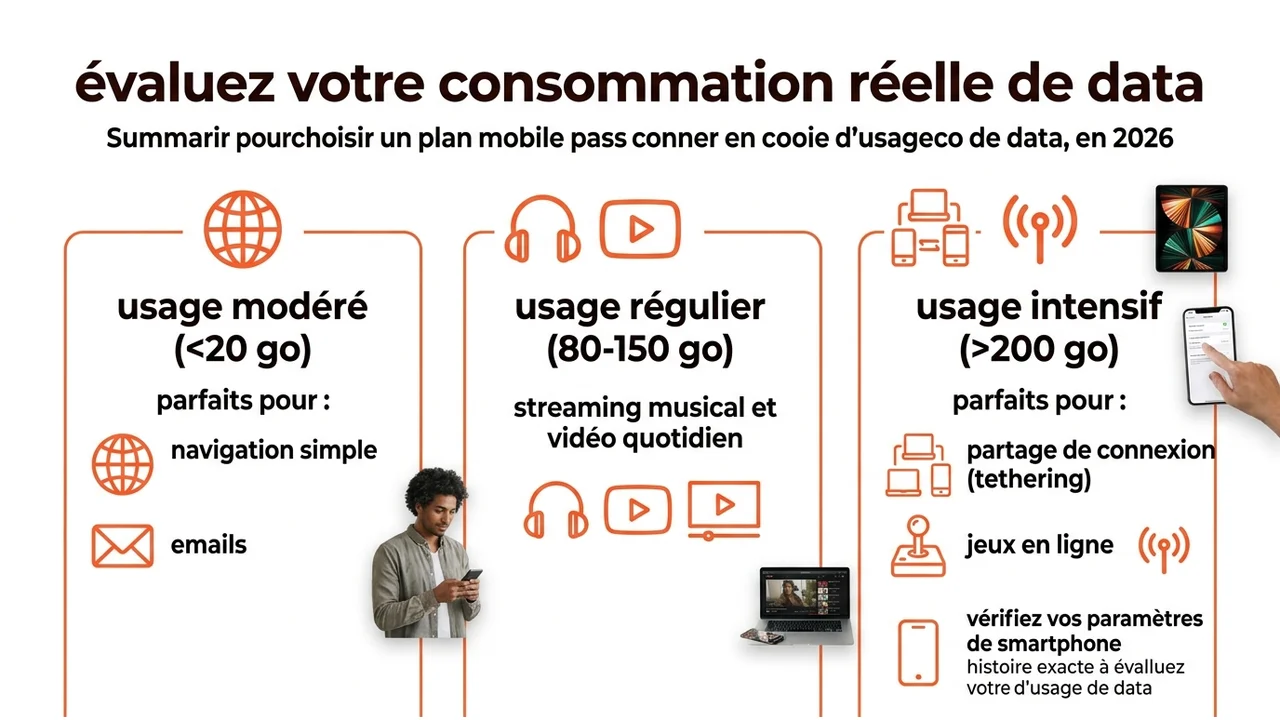 Infographie montrant les usages web correspondants aux paliers de 20Go, 150Go et 200Go.