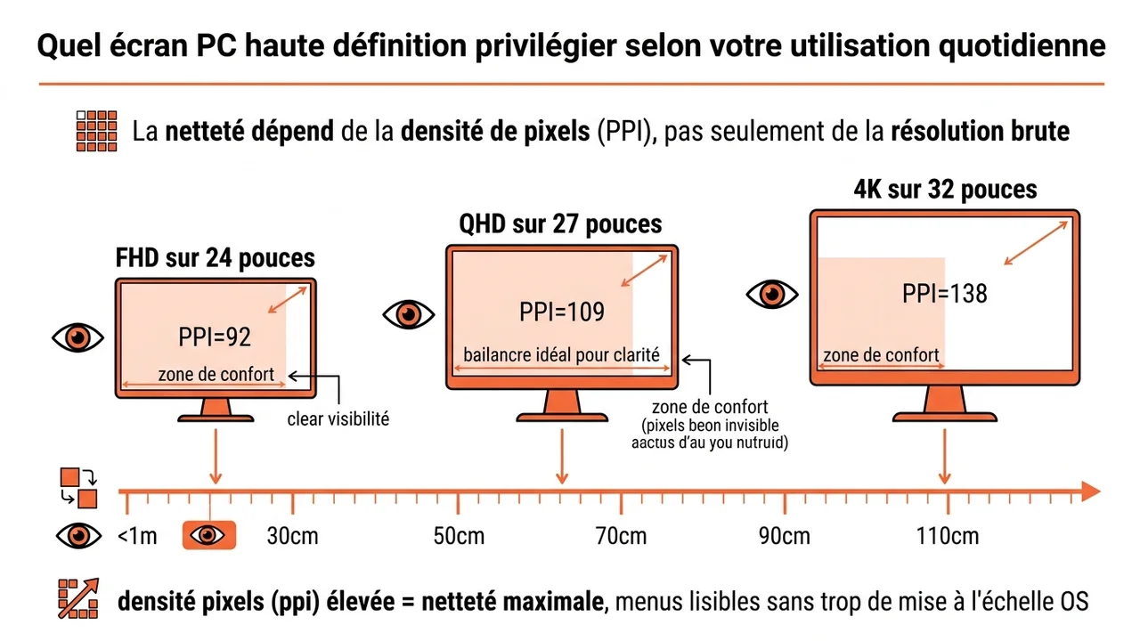 Schéma comparatif montrant la netteté d'image (PPI) pour un écran 24 pouces FHD, 27 pouces QHD et 32 pouces 4K en fonction de la distance de l'utilisateur.