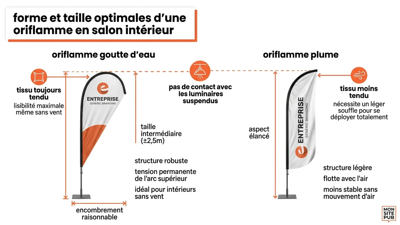 Schéma comparant une oriflamme en forme de goutte d'eau avec textile tendu et une oriflamme en forme de plume plus élancée.