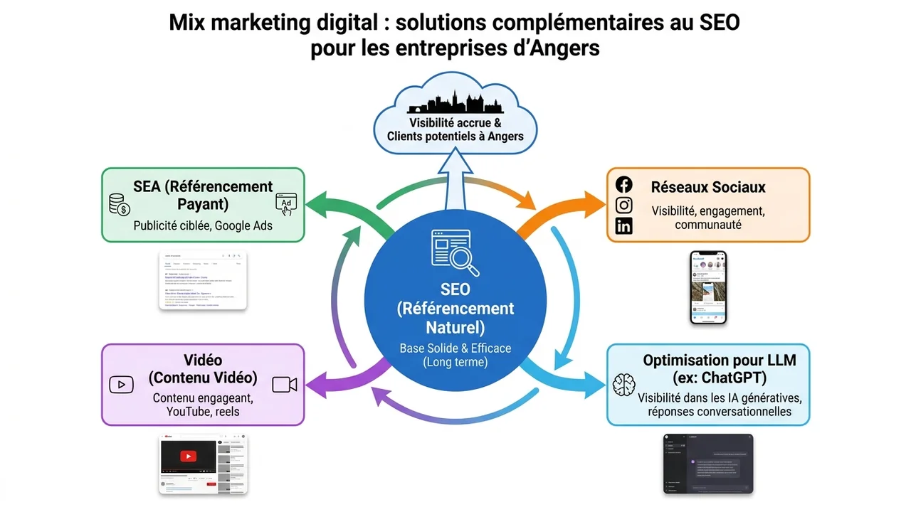 Carte mentale montrant le SEO comme socle central entouré du SEA, des réseaux sociaux et de l'IA (LLM).