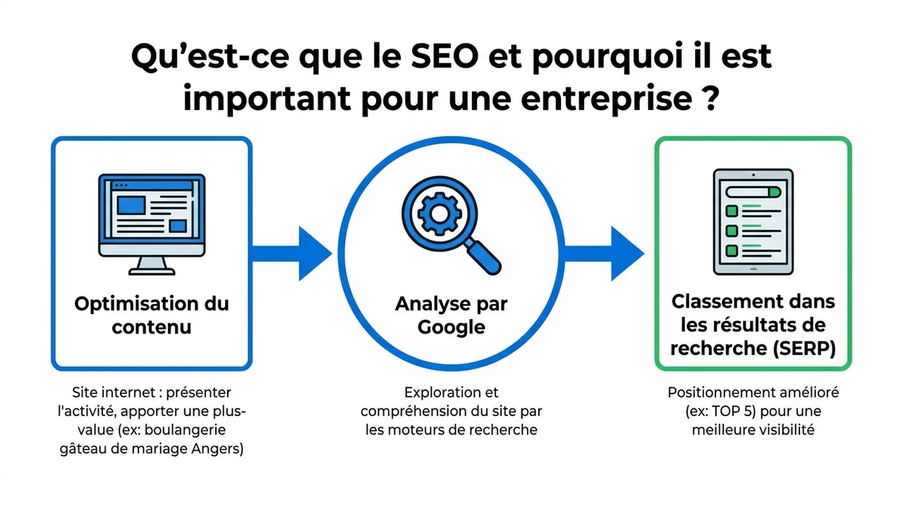 Schéma montrant le parcours d'un site optimisé vers les premières positions de Google.