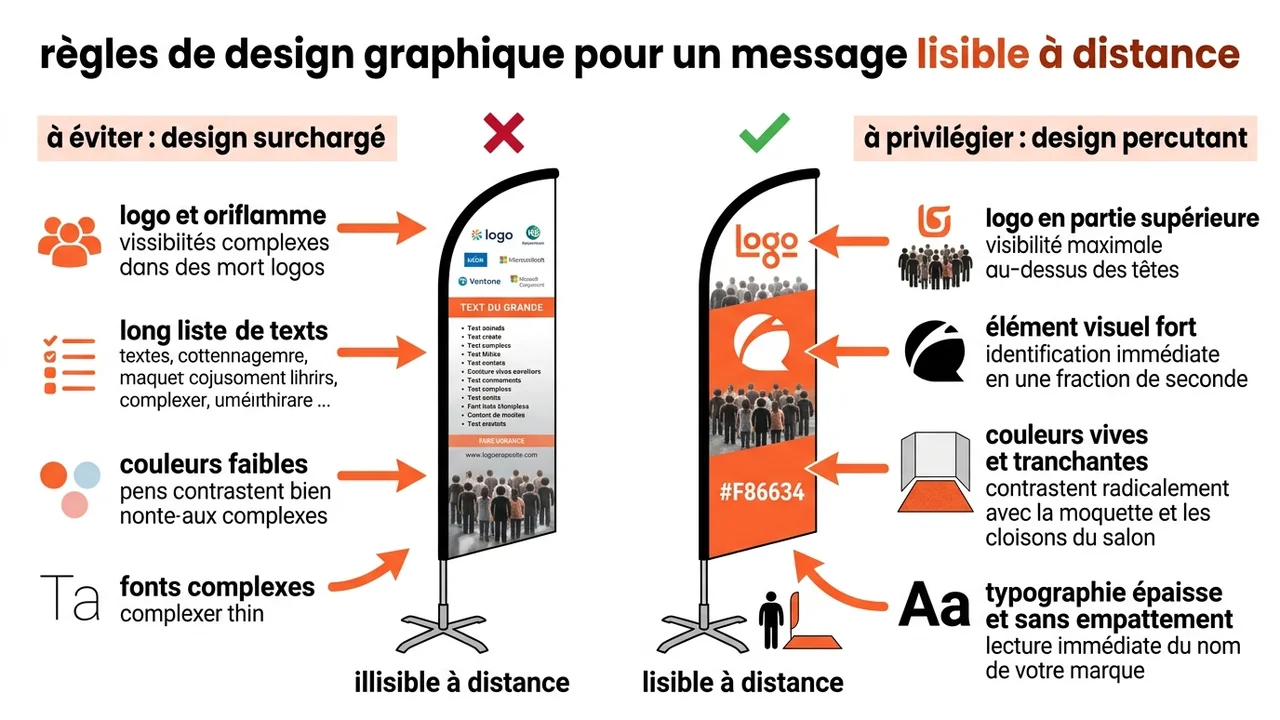 Schéma d'une voile découpée en zones avec le logo en haut, le message court au centre et les couleurs contrastées.