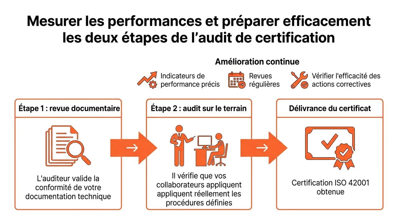 Graphique en étapes montrant la phase 1 d'audit documentaire suivie de la phase 2 d'audit de vérification sur le terrain.