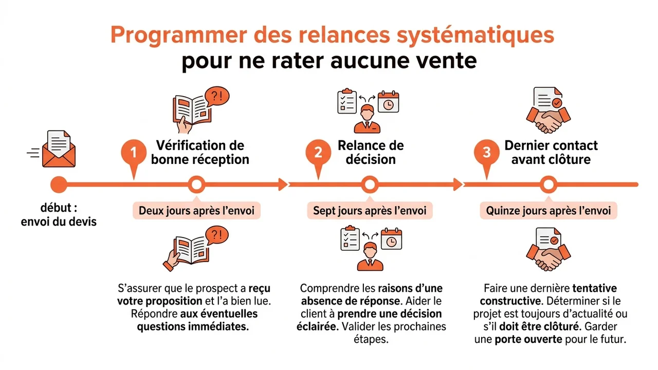 Frise chronologique indiquant les moments opportuns pour relancer un client à J+2, J+7 et J+15.