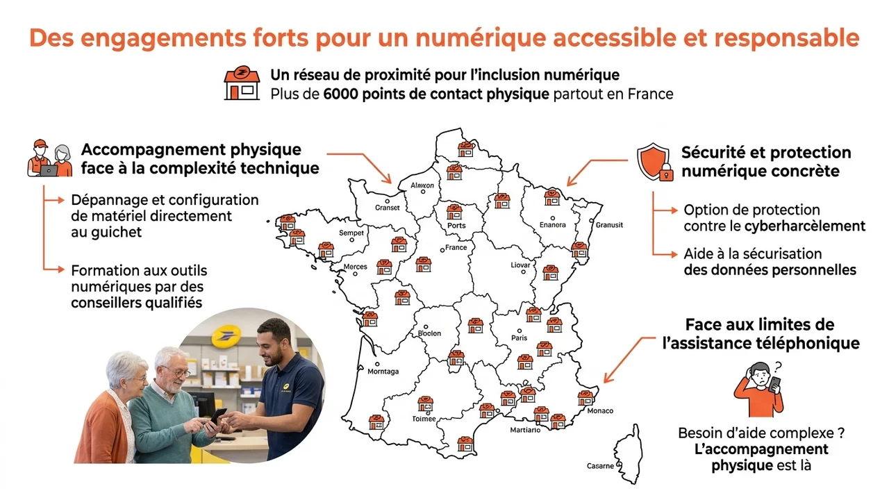 Carte de France stylisée symbolisant les 6000 bureaux de poste disponibles pour l'assistance mobile.