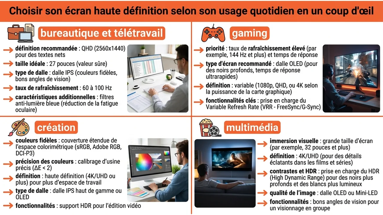 Infographie synthétisant les écrans recommandés : 27 pouces QHD pour le bureau, OLED 144Hz+ pour le gaming, 4K calibrée pour la création et 32 pouces VA/OLED pour le multimédia.