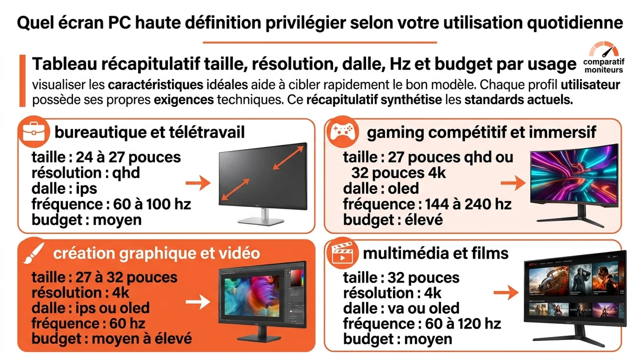 Infographie récapitulant les caractéristiques techniques recommandées (pouces, résolution, dalle, Hz) pour le télétravail, le gaming, la création et le multimédia.