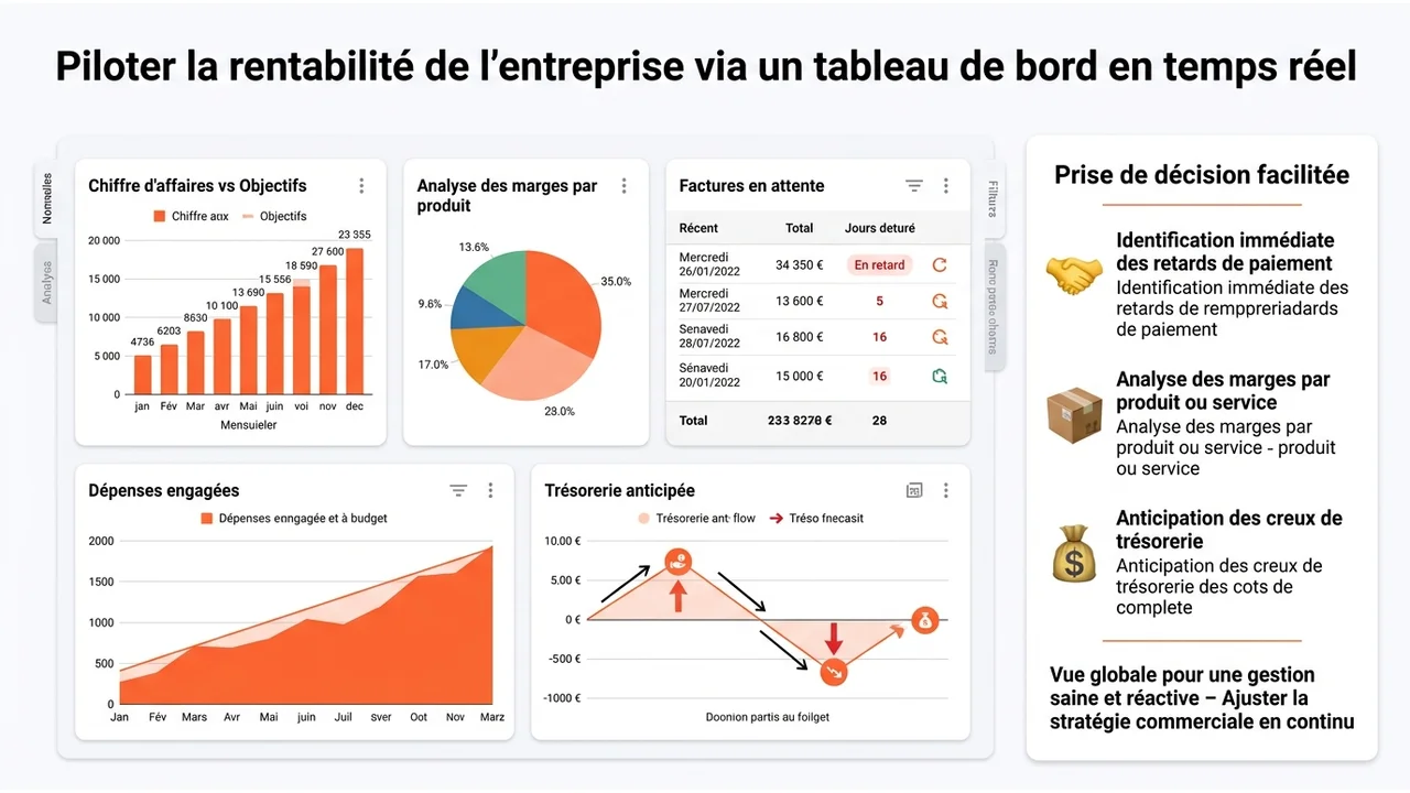 Maquette d'interface montrant des graphiques de chiffre d'affaires, un suivi des factures impayées et une analyse de rentabilité.