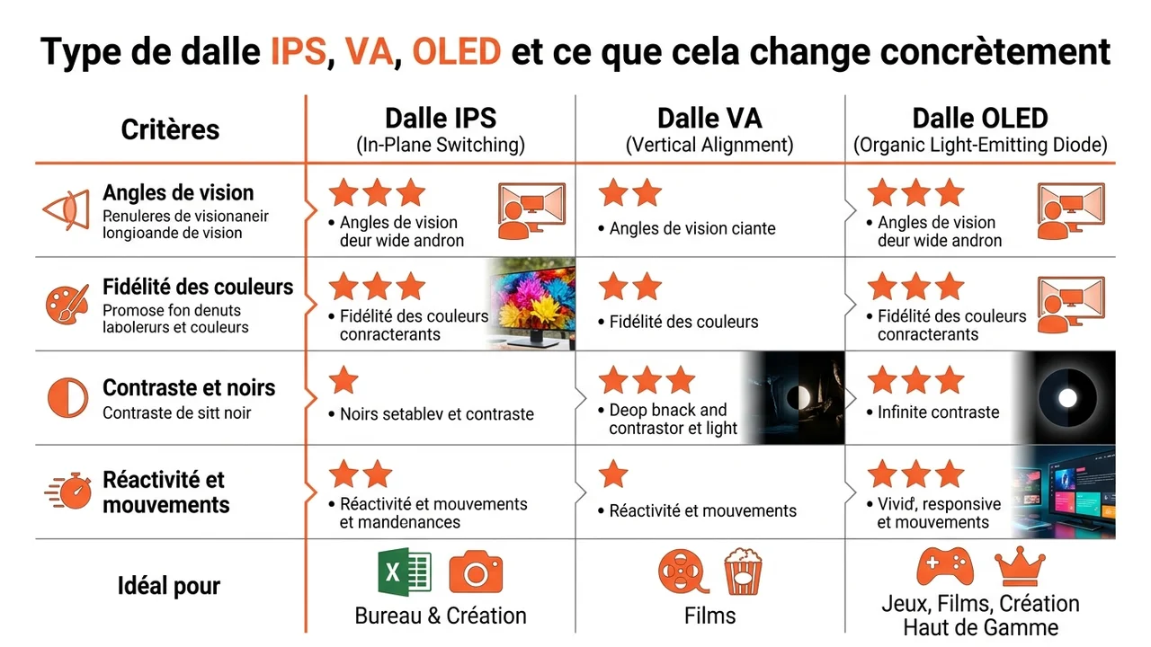 Tableau comparatif des dalles IPS, VA et OLED sur quatre critères : angles de vision, contraste, réactivité et fidélité des couleurs.