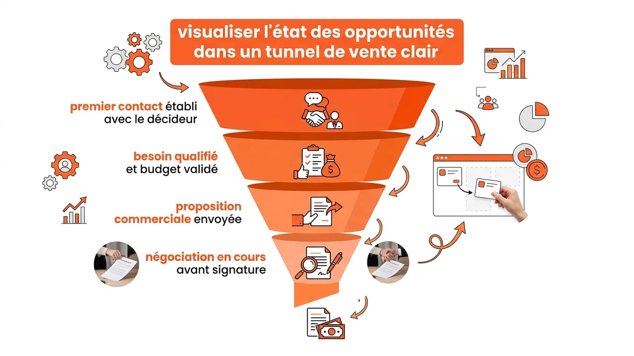 Infographie en forme d'entonnoir détaillant les phases de qualification : contact établi, besoin validé, proposition envoyée et négociation.