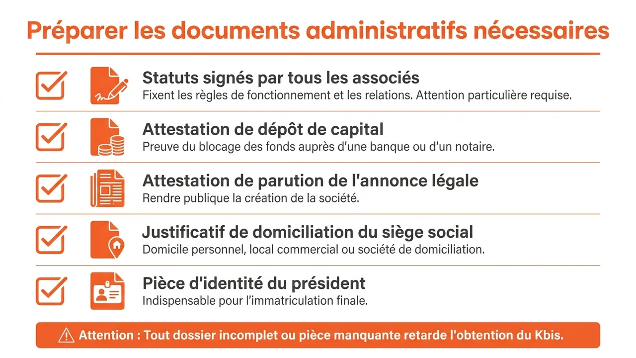 Liste visuelle présentant les 5 documents indispensables : statuts signés, attestation de dépôt de fonds, attestation d'annonce légale, justificatif de siège social et pièce d'identité.