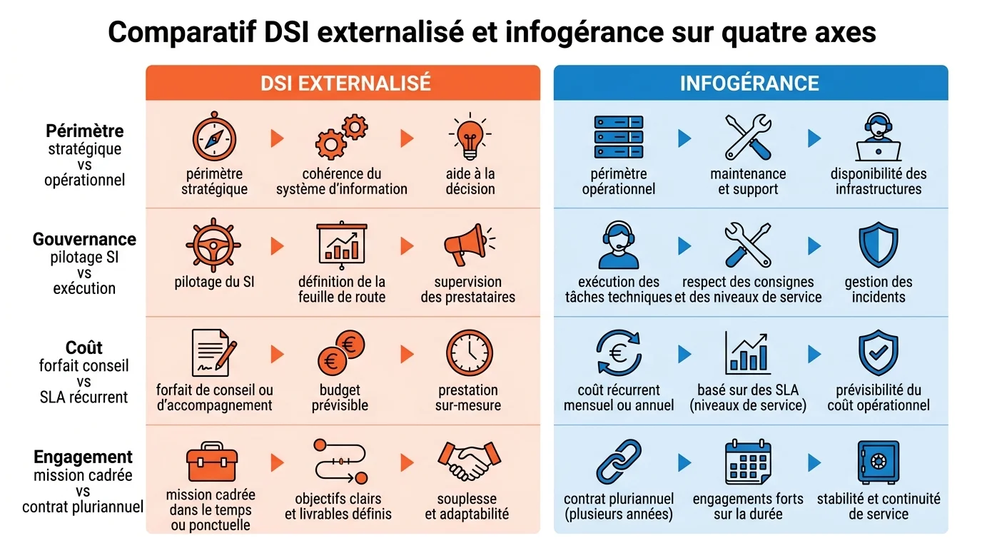 Comparatif DSI externalisé et infogérance sur quatre axes