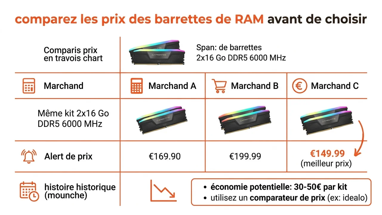 Graphique montrant la plage de prix pour kits 32 Go DDR4 et DDR5 avec écarts de tarification entre marques et fréquences