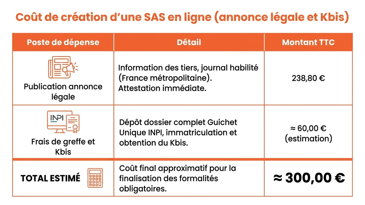 Tableau récapitulatif des frais incompressibles : Annonce légale (238,80€), Greffe (35,59€) et Bénéficiaires effectifs (20,34€).