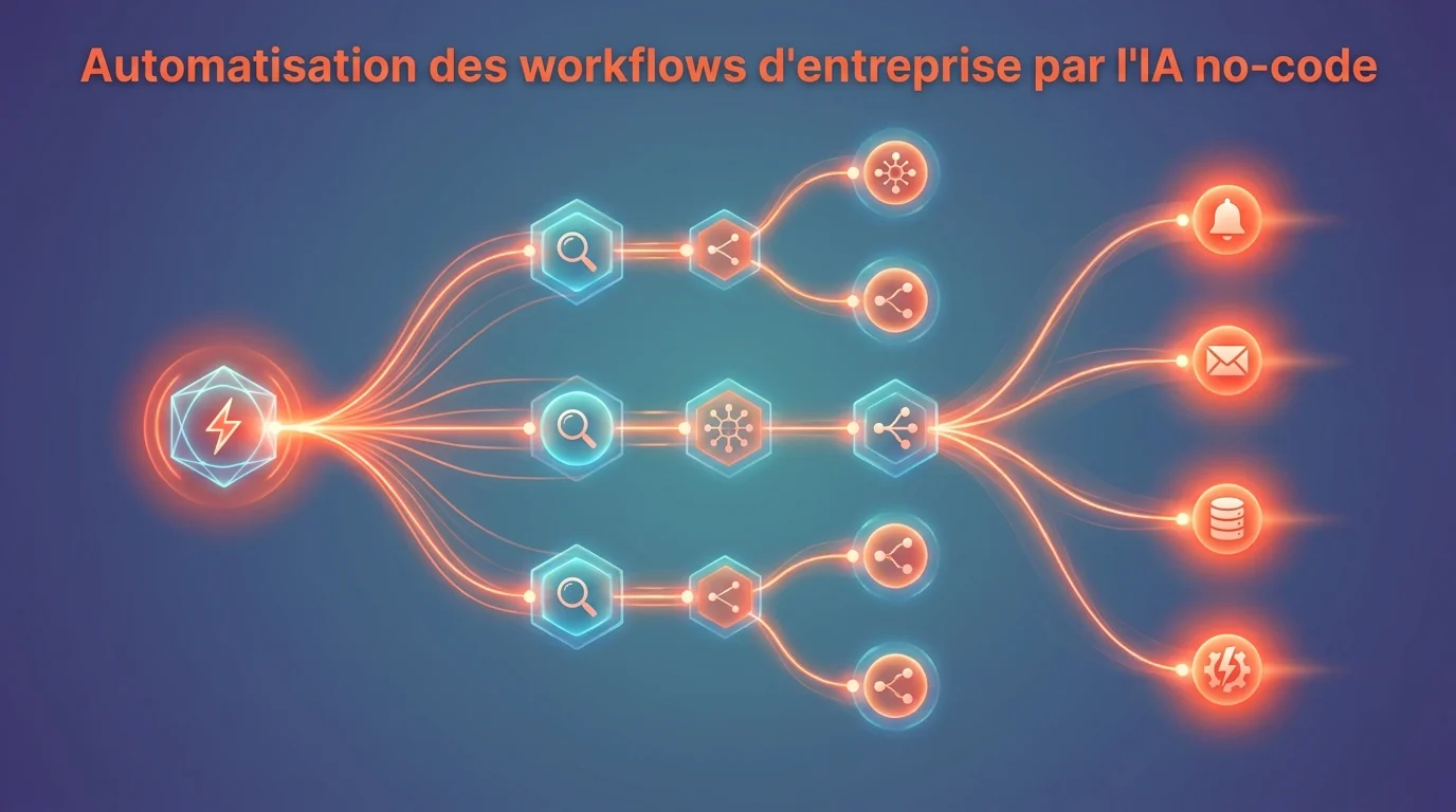 Schema conceptuel d'un workflow automatise no-code, du declencheur a l'action