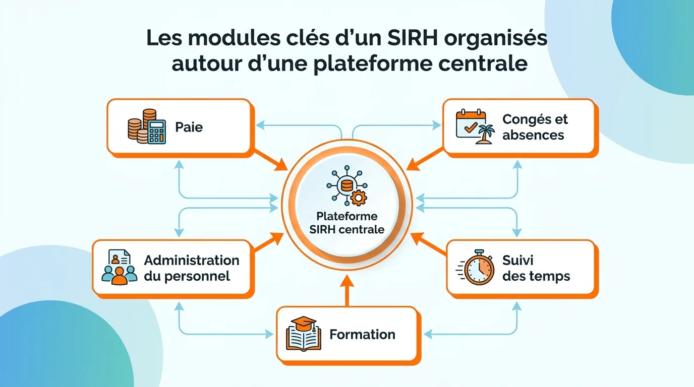 Les modules cles d'un SIRH organises autour d'une plateforme centrale