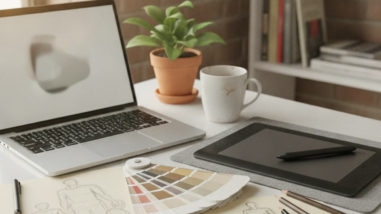Espace de travail créatif avec Mac et tablette graphique