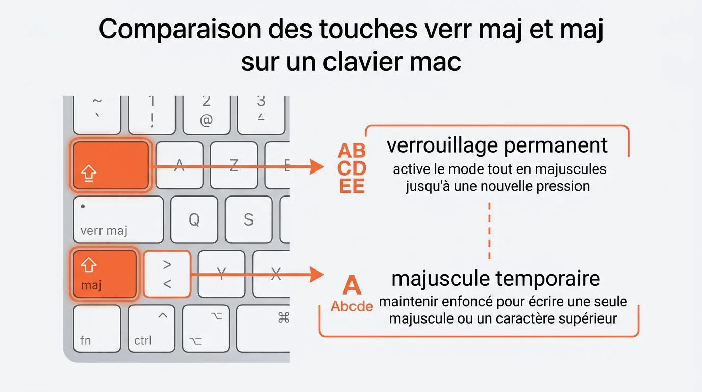 Schéma comparant la touche Verr Maj et la touche Maj sur un clavier Mac
