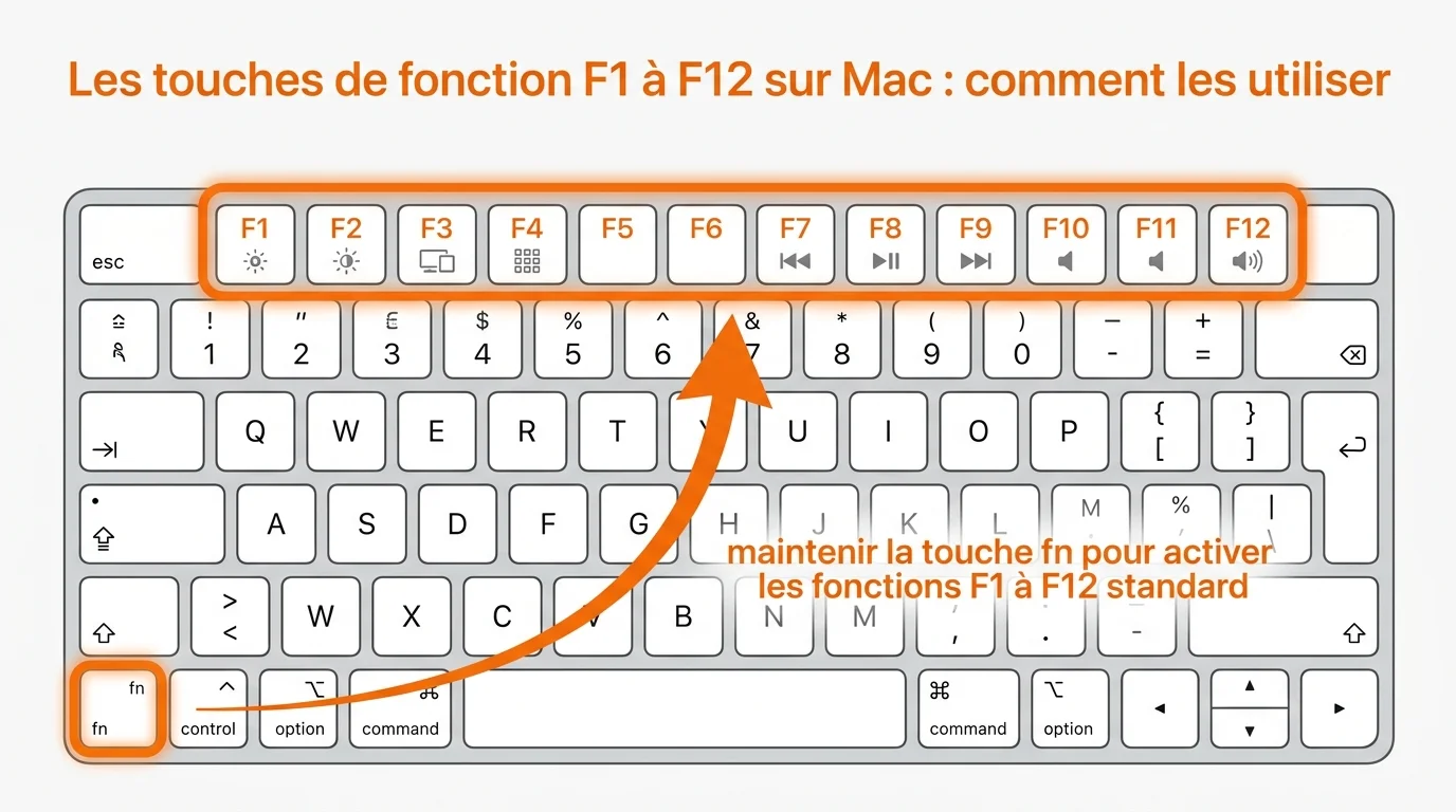 Schéma de la rangée F1 à F12 surlignée avec la touche fn sur un clavier Mac
