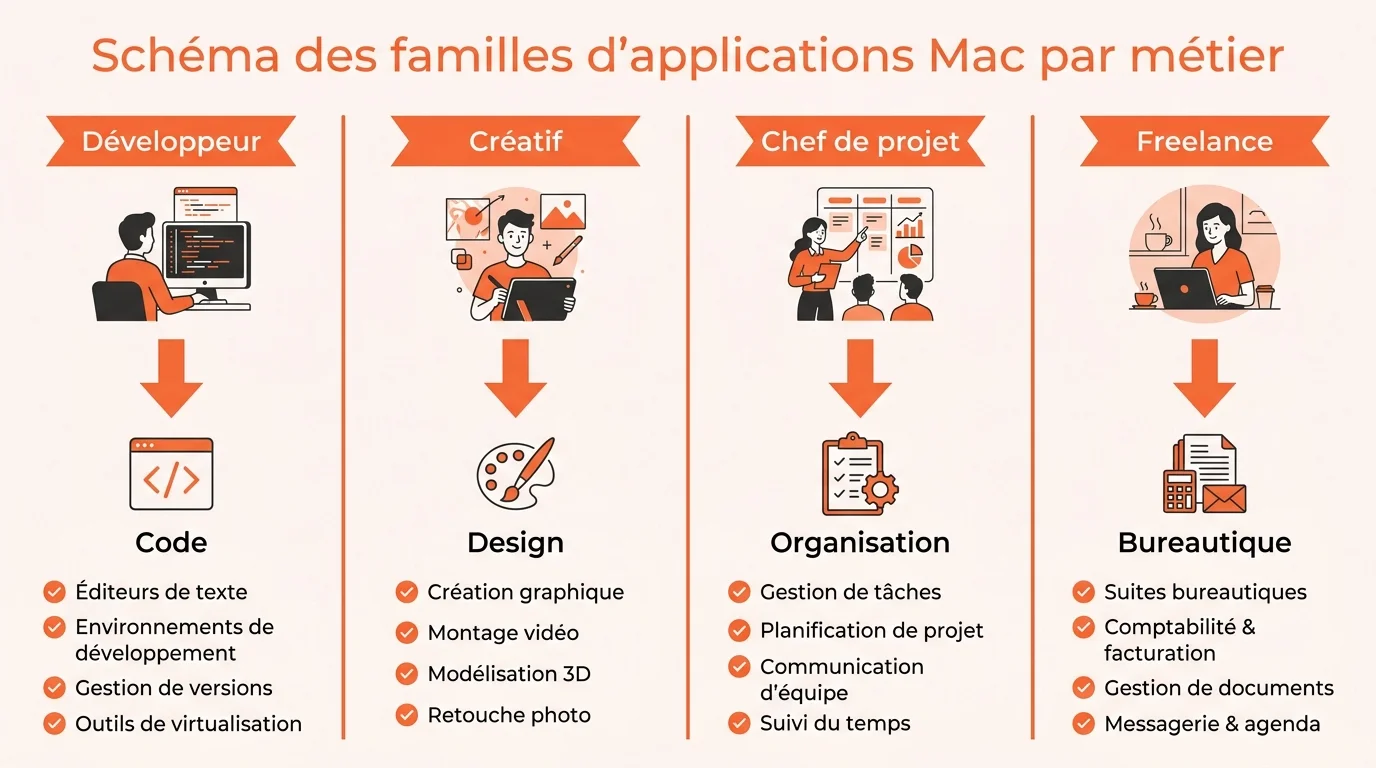Schéma des familles d'applications Mac par métier