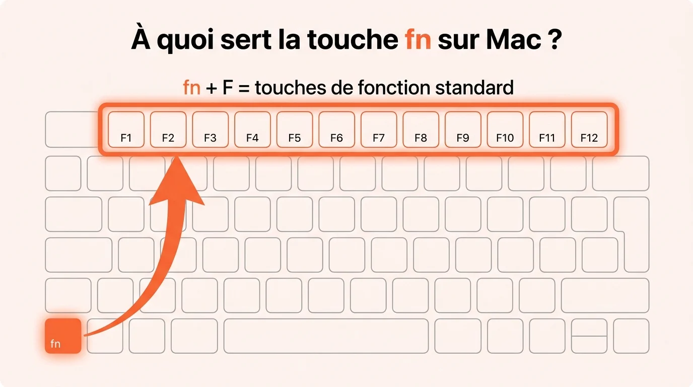 Schéma montrant la touche fn maintenue avec la rangée F1 à F12 du clavier Mac